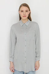 Shirt Collar Tencel Basic Tencel Blend Tunic - Grey