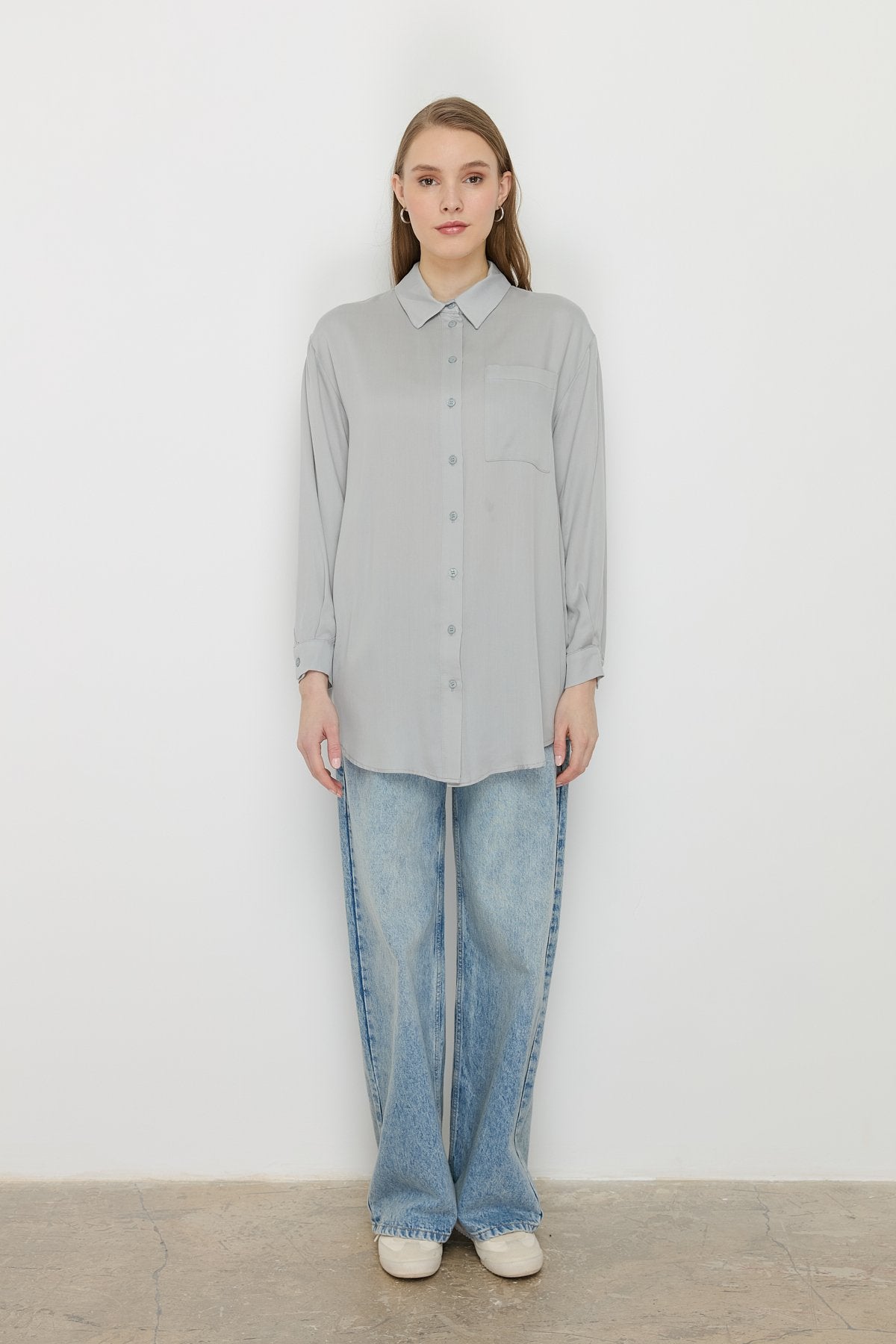 Shirt Collar Tencel Basic Tencel Blend Tunic - Grey