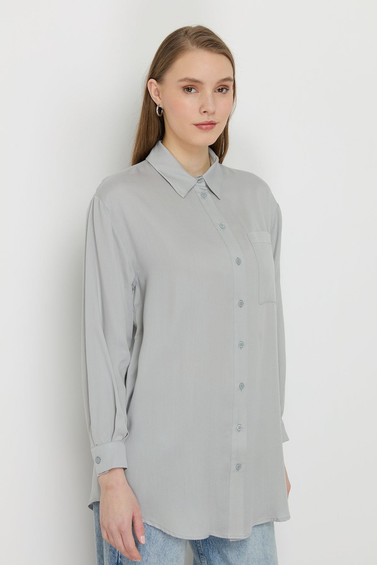 Shirt Collar Tencel Basic Tencel Blend Tunic - Grey