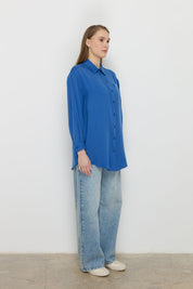 Shirt Collar Tencel Basic Tencel Blend Tunic - Indigo