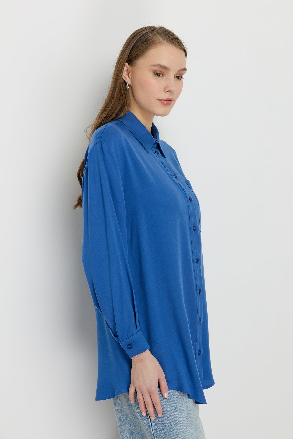 Shirt Collar Tencel Basic Tencel Blend Tunic - Indigo