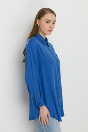 Shirt Collar Tencel Basic Tencel Blend Tunic - Indigo