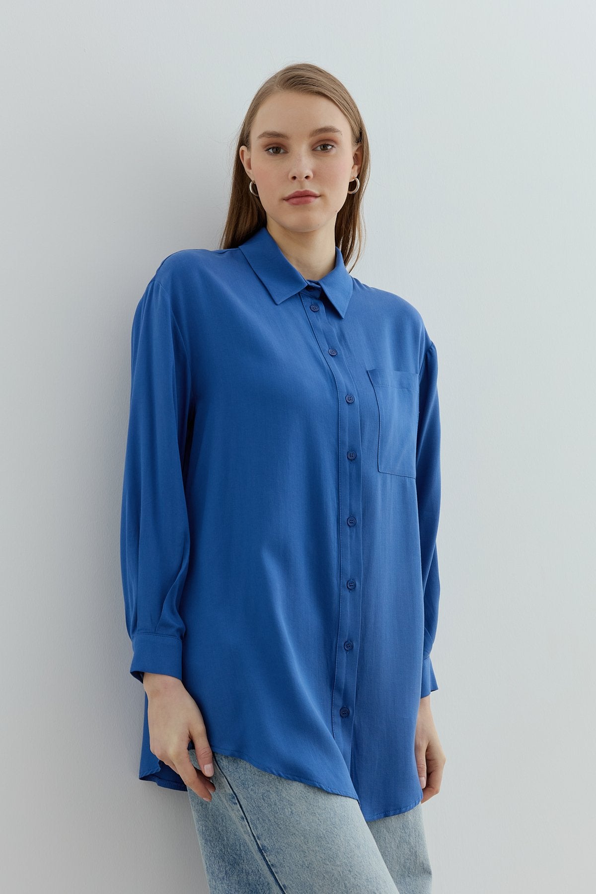 Shirt Collar Tencel Basic Tencel Blend Tunic - Indigo
