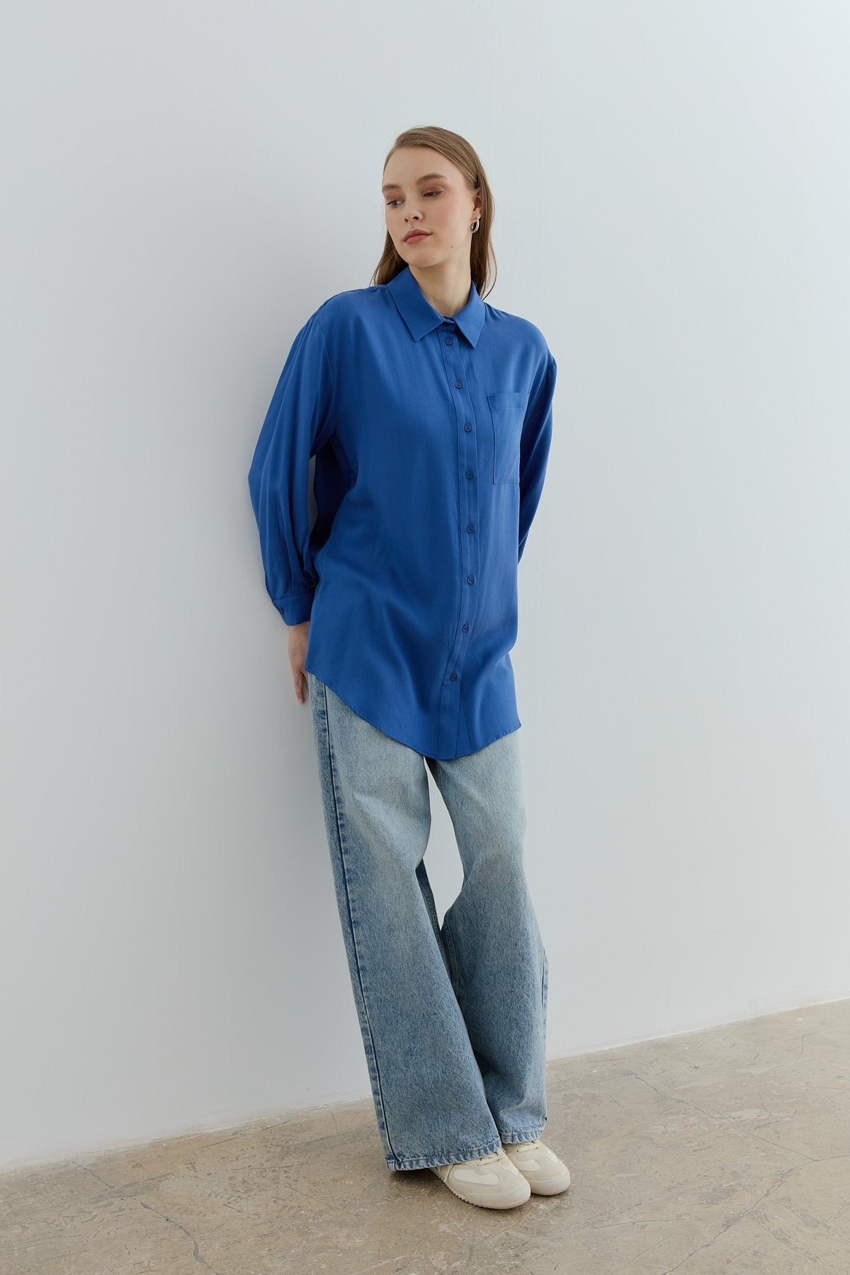 Shirt Collar Tencel Basic Tencel Blend Tunic - Indigo