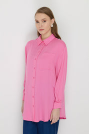 Gömlek Yaka Tencel Basic Tencel Karışım Tunik - Pembe