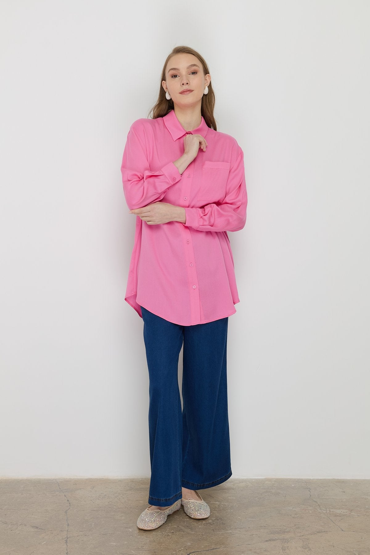 Gömlek Yaka Tencel Basic Tencel Karışım Tunik - Pembe