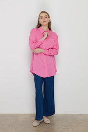 Gömlek Yaka Tencel Basic Tencel Karışım Tunik - Pembe