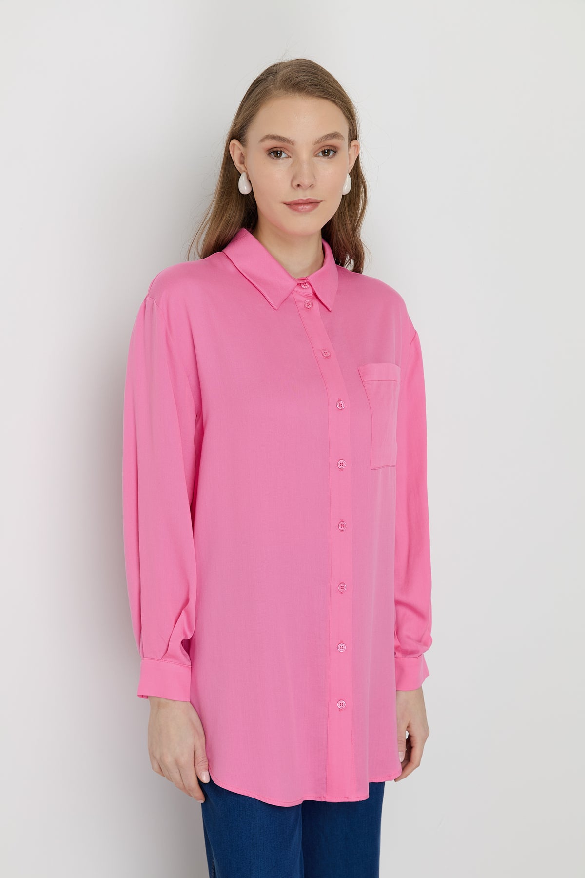Gömlek Yaka Tencel Basic Tencel Karışım Tunik - Pembe