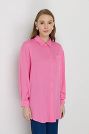 Gömlek Yaka Tencel Basic Tencel Karışım Tunik - Pembe