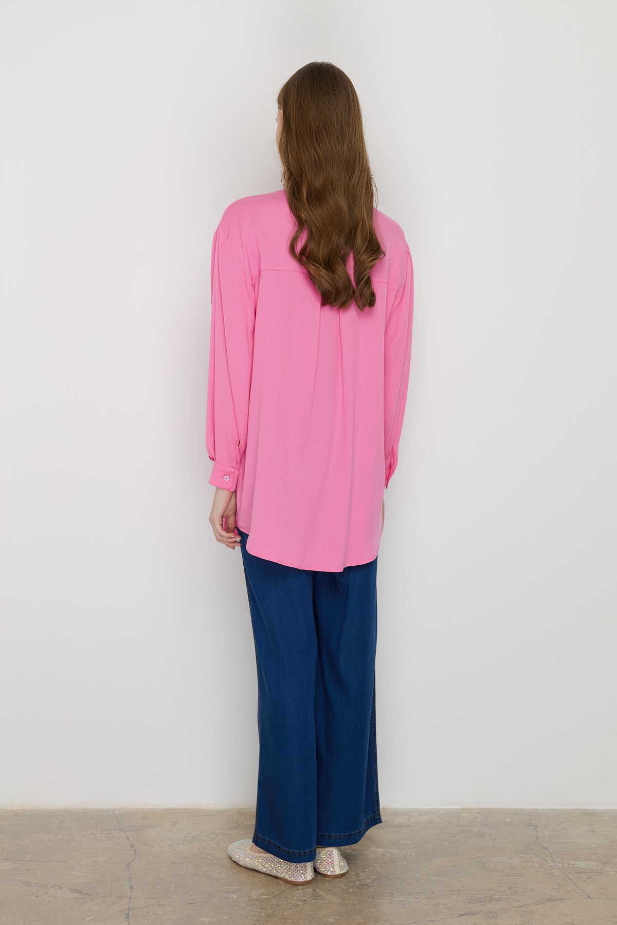 Gömlek Yaka Tencel Basic Tencel Karışım Tunik - Pembe