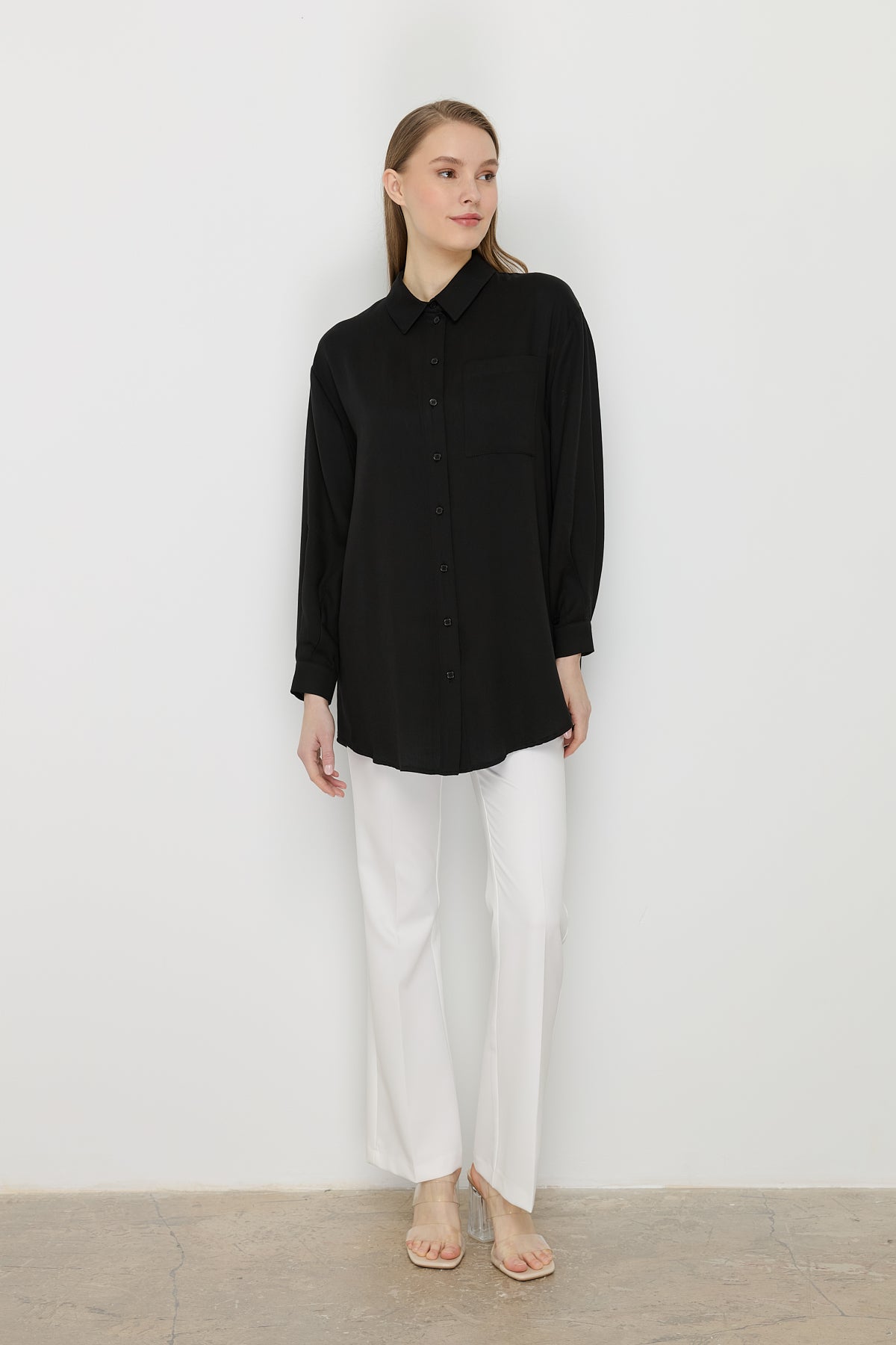 Gömlek Yaka Tencel Basic Tencel Karışım Tunik - Siyah