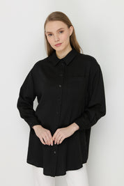 Shirt Collar Tencel Basic Tencel Blend Tunic - Black
