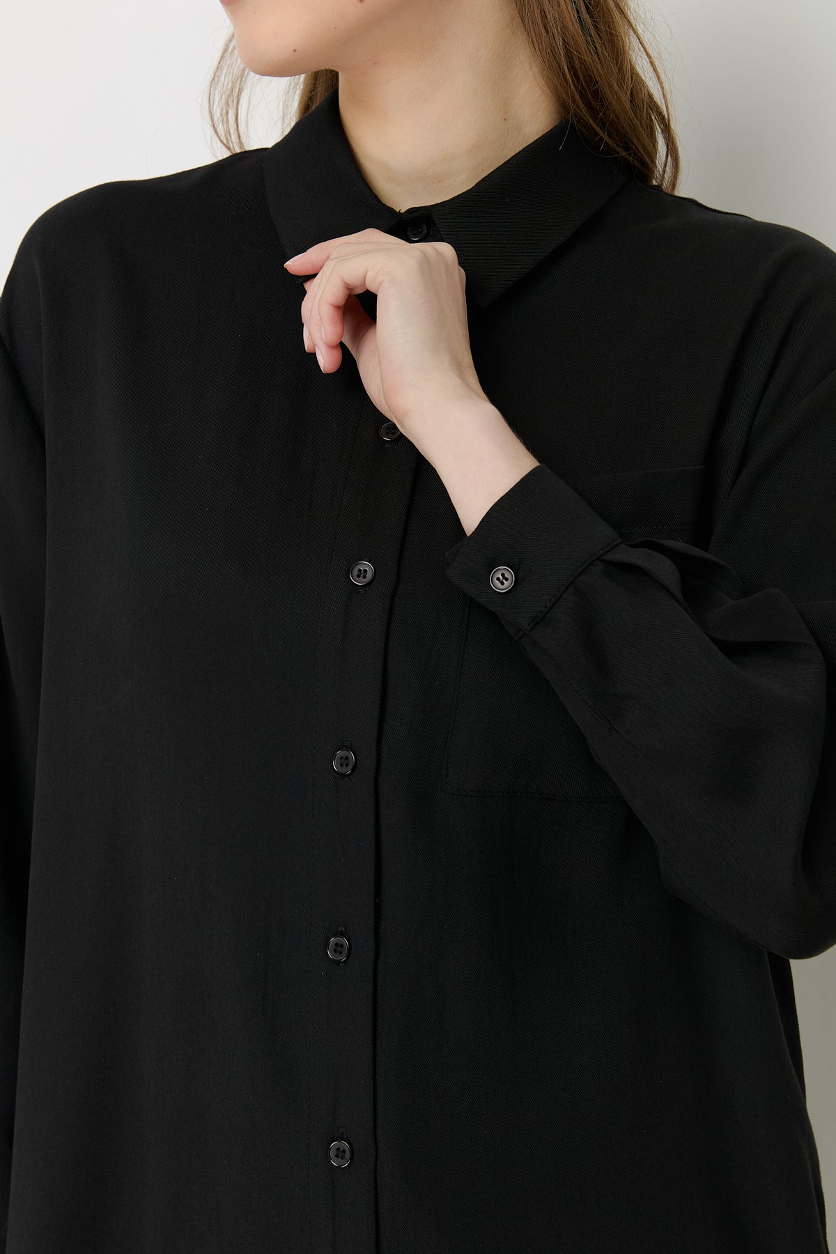 Shirt Collar Tencel Basic Tencel Blend Tunic - Black