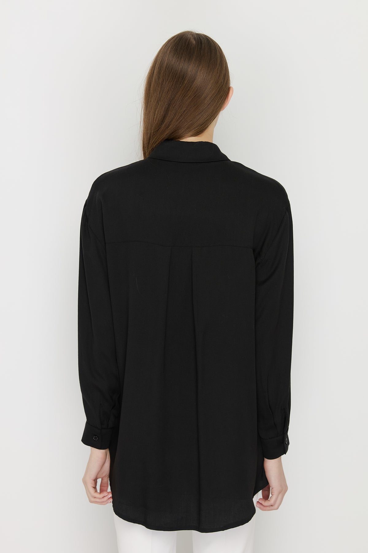 Shirt Collar Tencel Basic Tencel Blend Tunic - Black