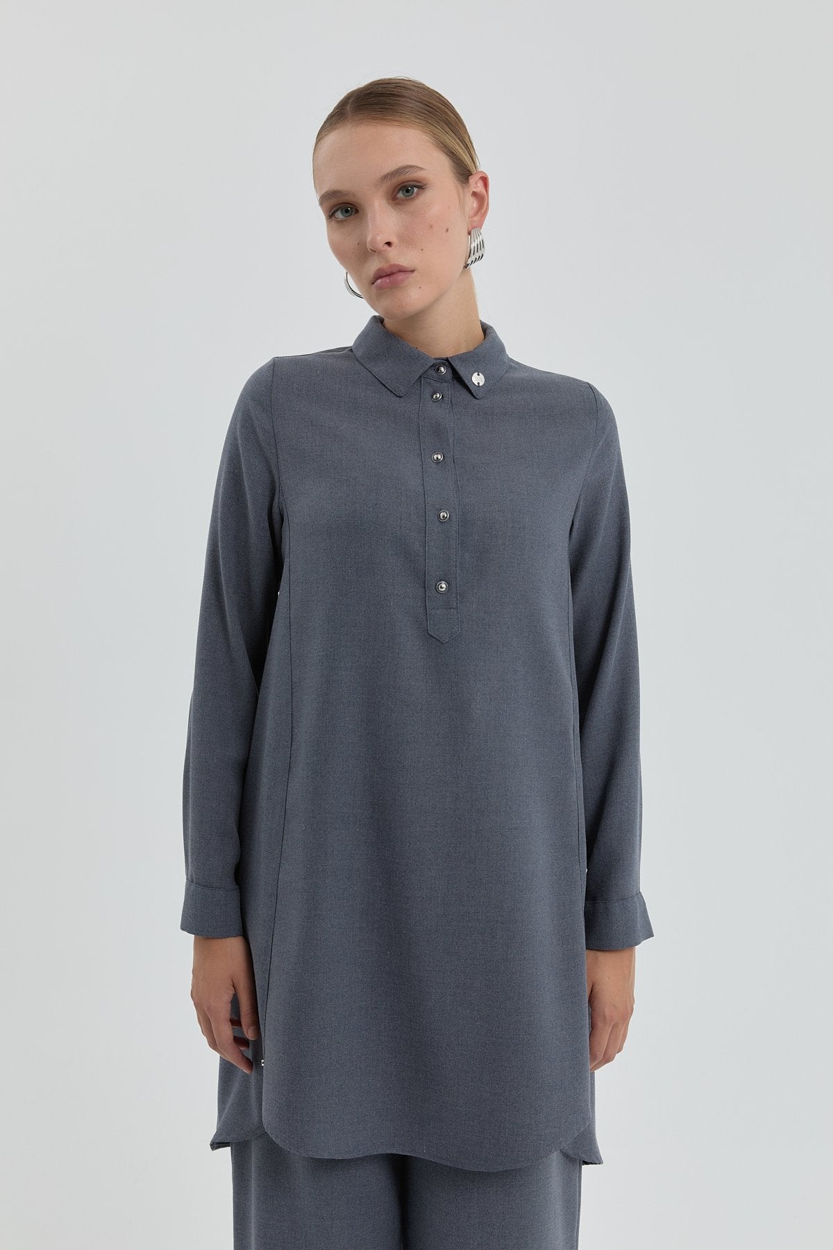 Gömlek Yaka Tunik - Gri