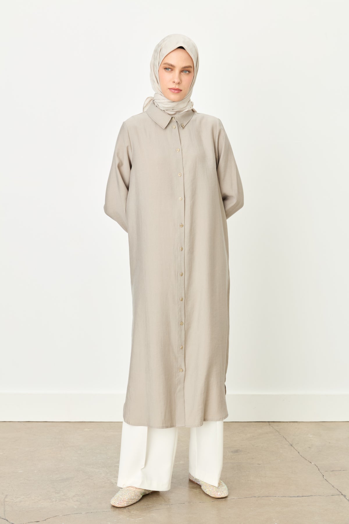 Shirt Collar Long Tencel Blend Tunic - Stone