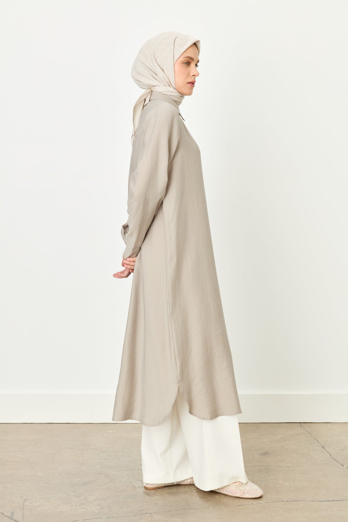 Shirt Collar Long Tencel Blend Tunic - Stone