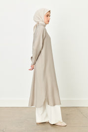 Shirt Collar Long Tencel Blend Tunic - Stone