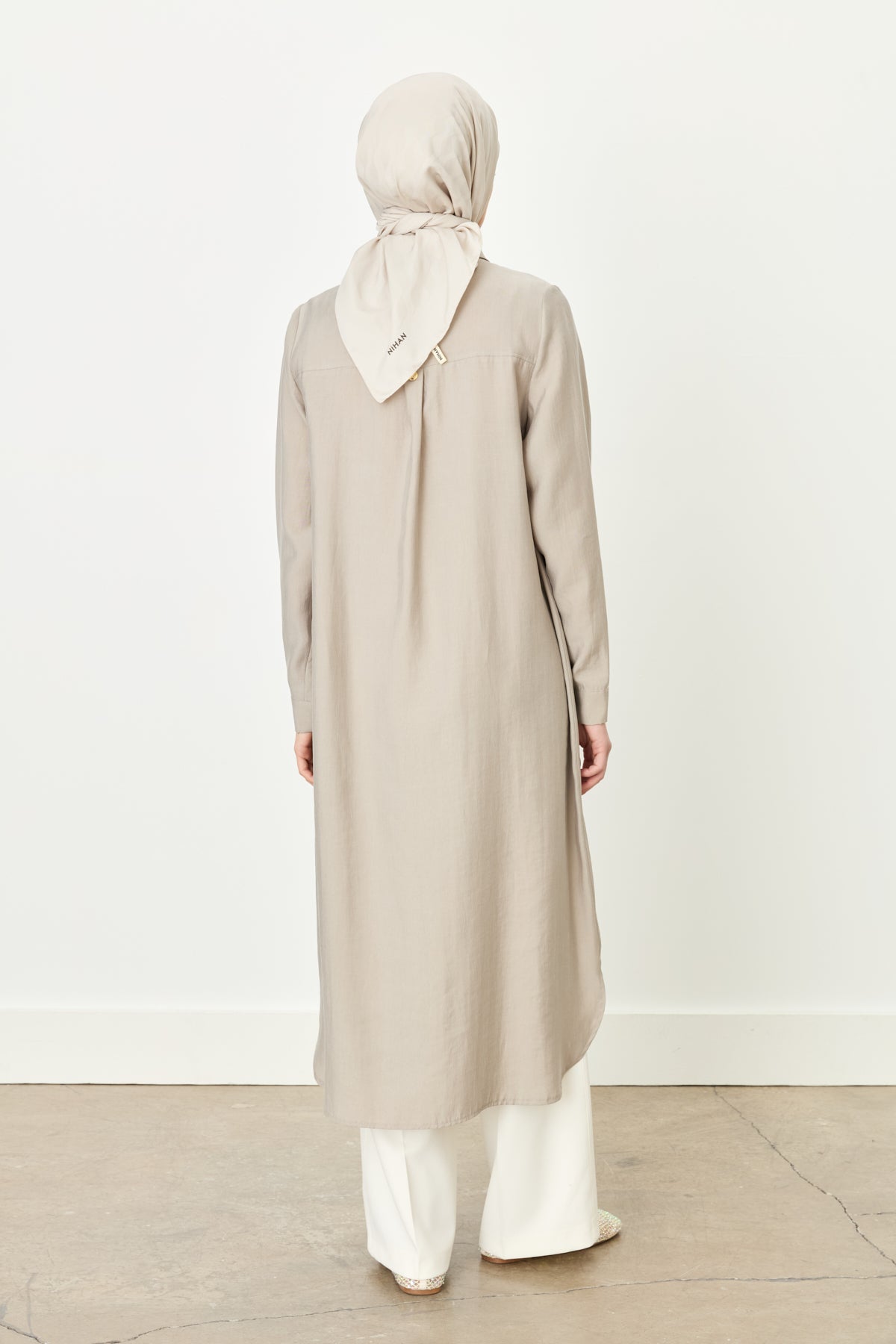 Shirt Collar Long Tencel Blend Tunic - Stone