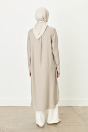 Shirt Collar Long Tencel Blend Tunic - Stone