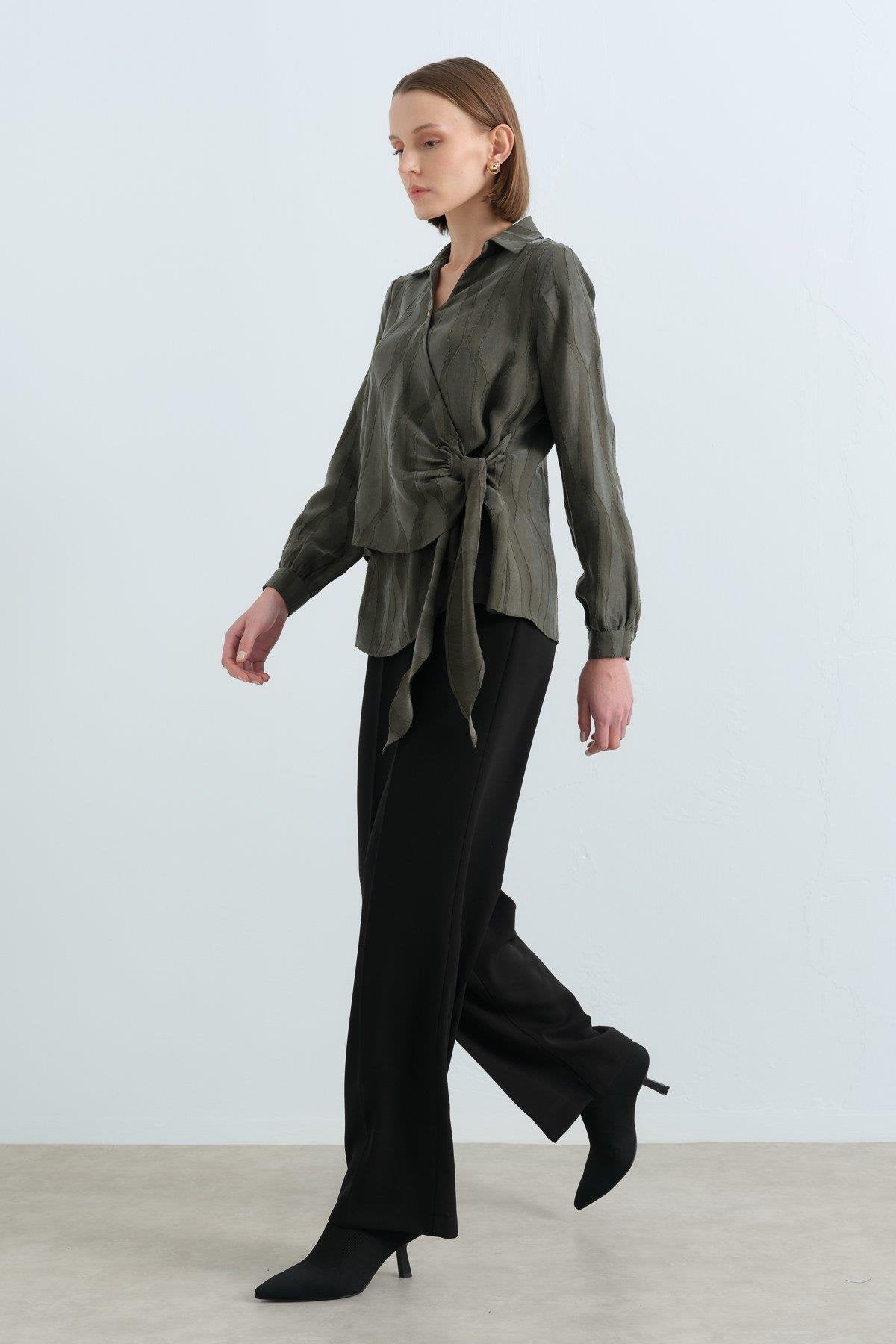 Shirt Collar Wrap Cupra Blouse - Khaki
