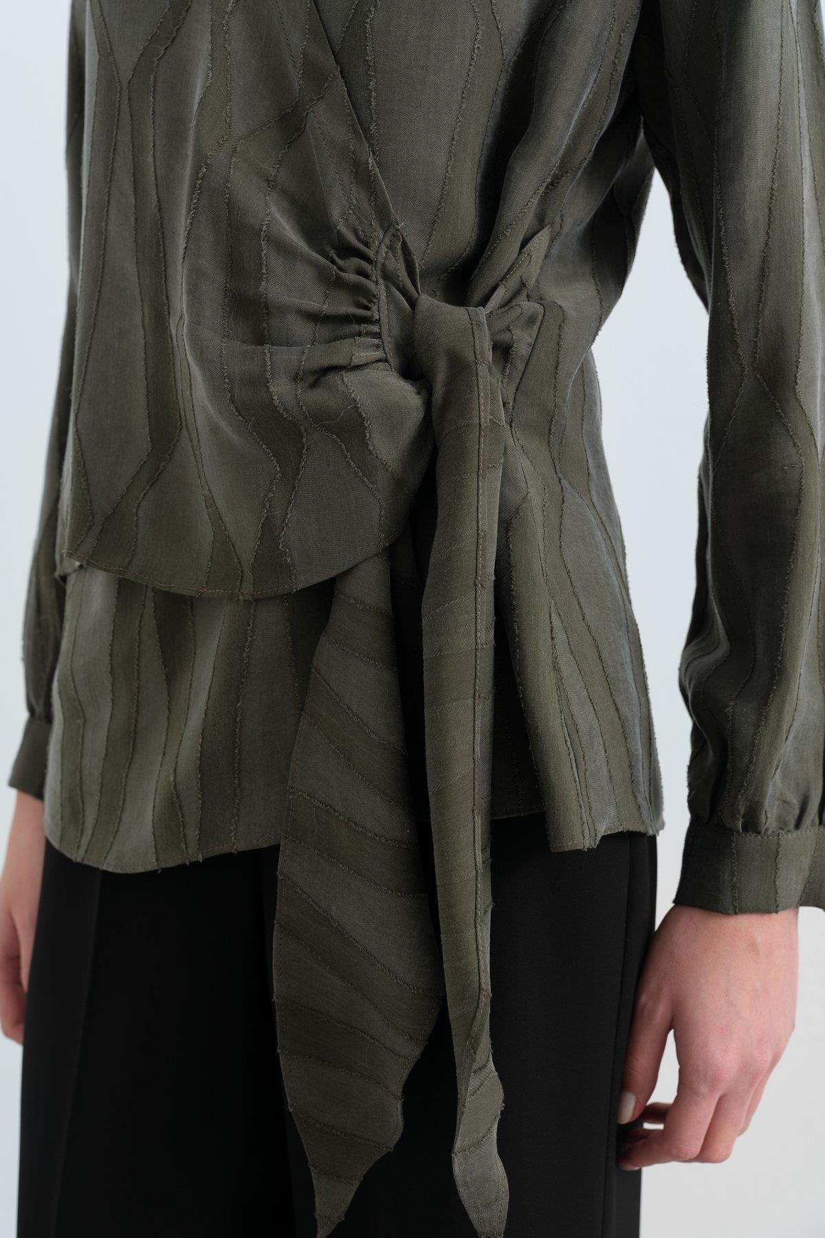 Shirt Collar Wrap Cupra Blouse - Khaki