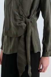 Shirt Collar Wrap Cupra Blouse - Khaki