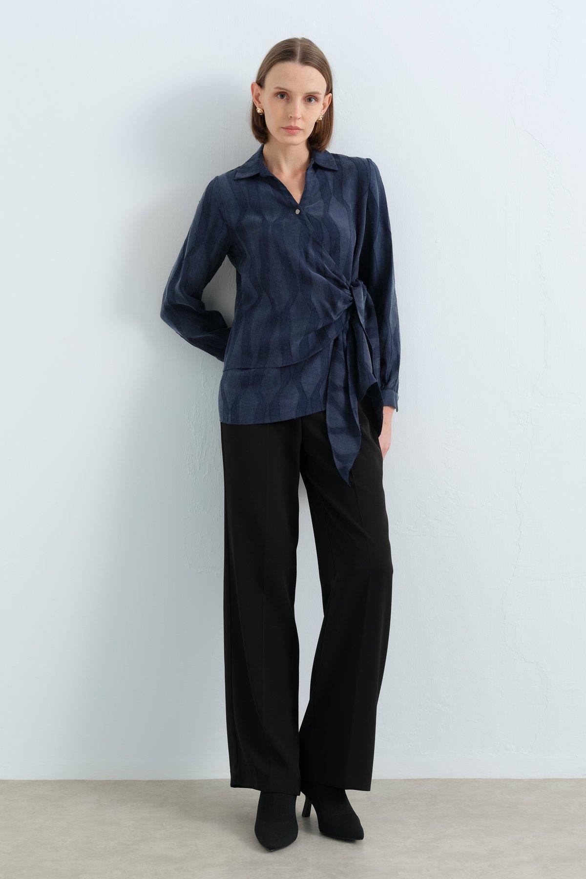 Shirt Collar Wrap Cupro Blouse - Navy