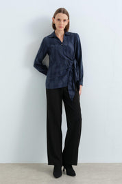 Shirt Collar Wrap Cupro Blouse - Navy