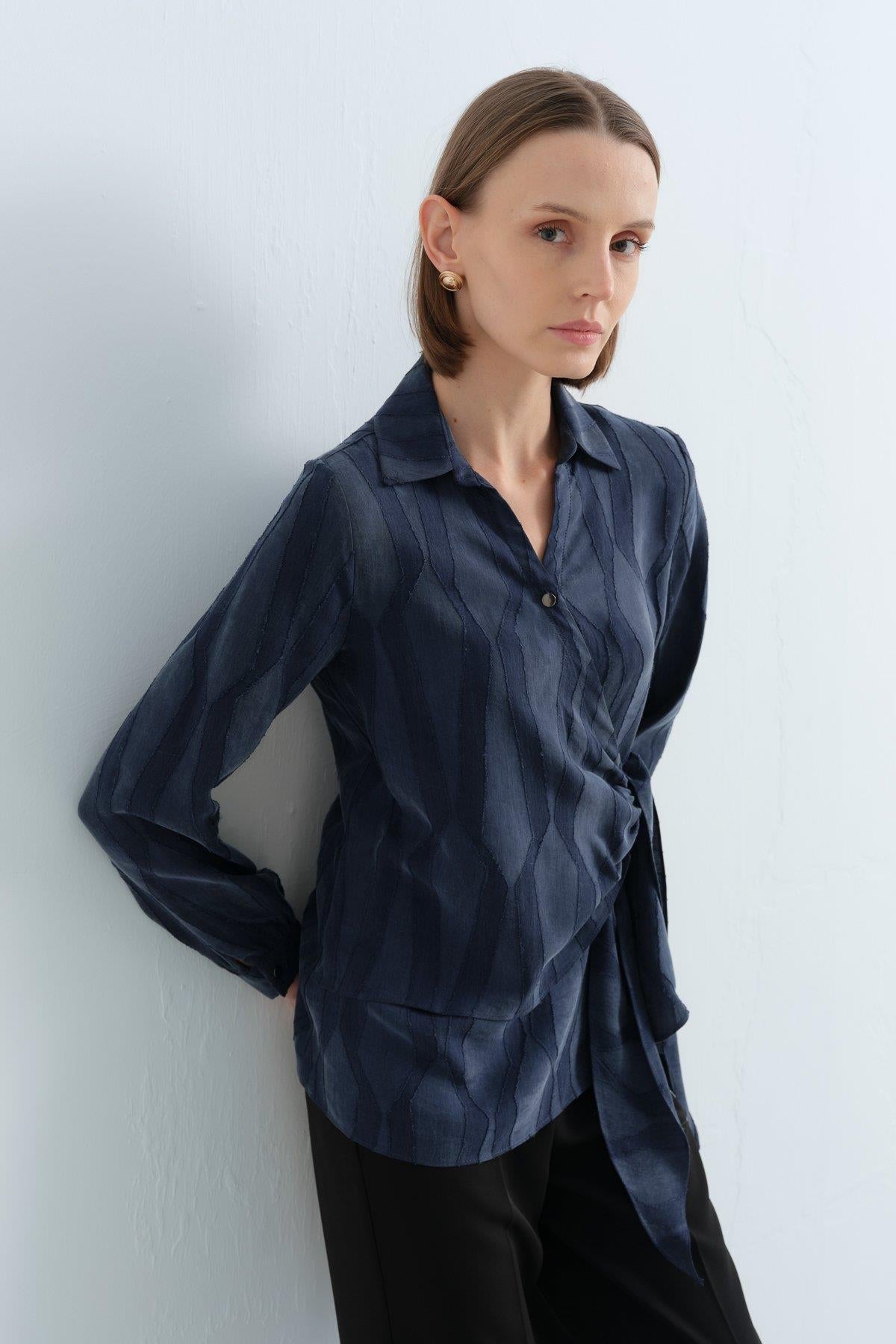 Shirt Collar Wrap Cupro Blouse - Navy