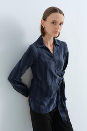 Shirt Collar Wrap Cupro Blouse - Navy