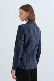 Shirt Collar Wrap Cupro Blouse - Navy