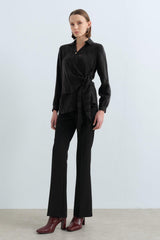 Collared Wrap Cupra Blouse - Black