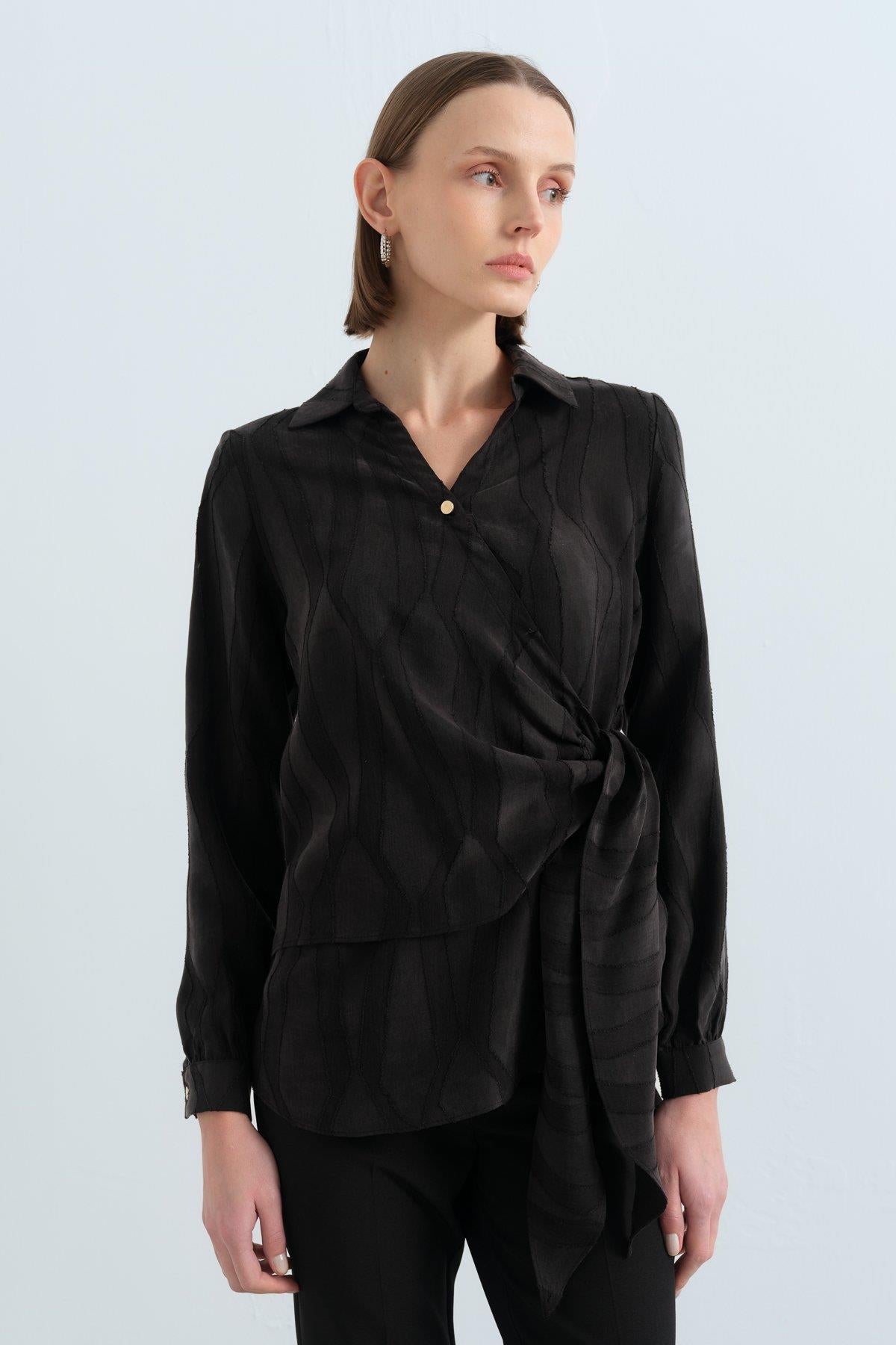 Collared Wrap Cupra Blouse - Black