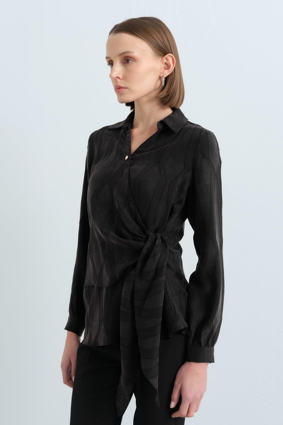 Collared Wrap Cupra Blouse - Black