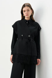 Rose Detailed Vest and Pants Set - Black