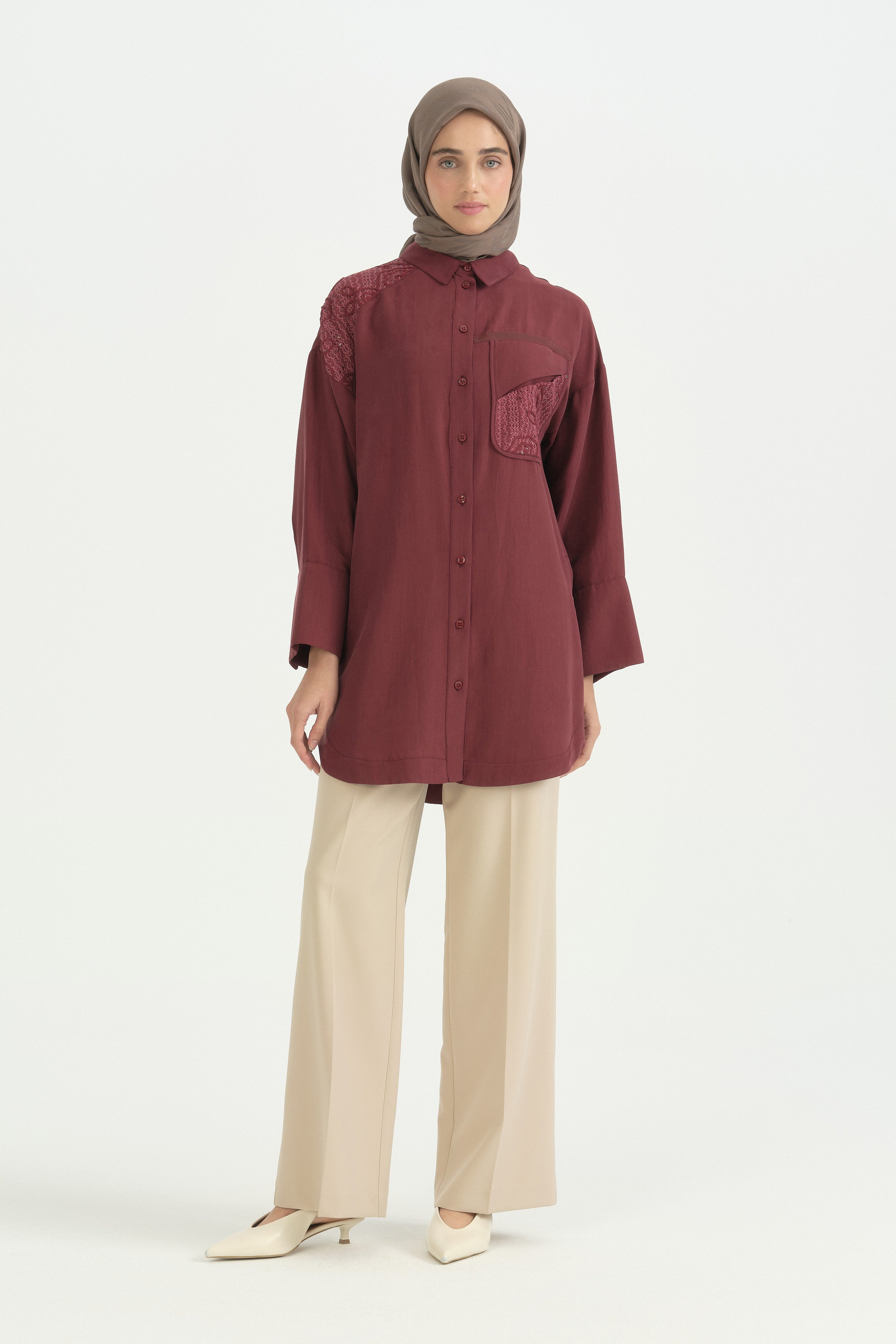 Güpür Detaylı Lyocell Tunik - Bordo