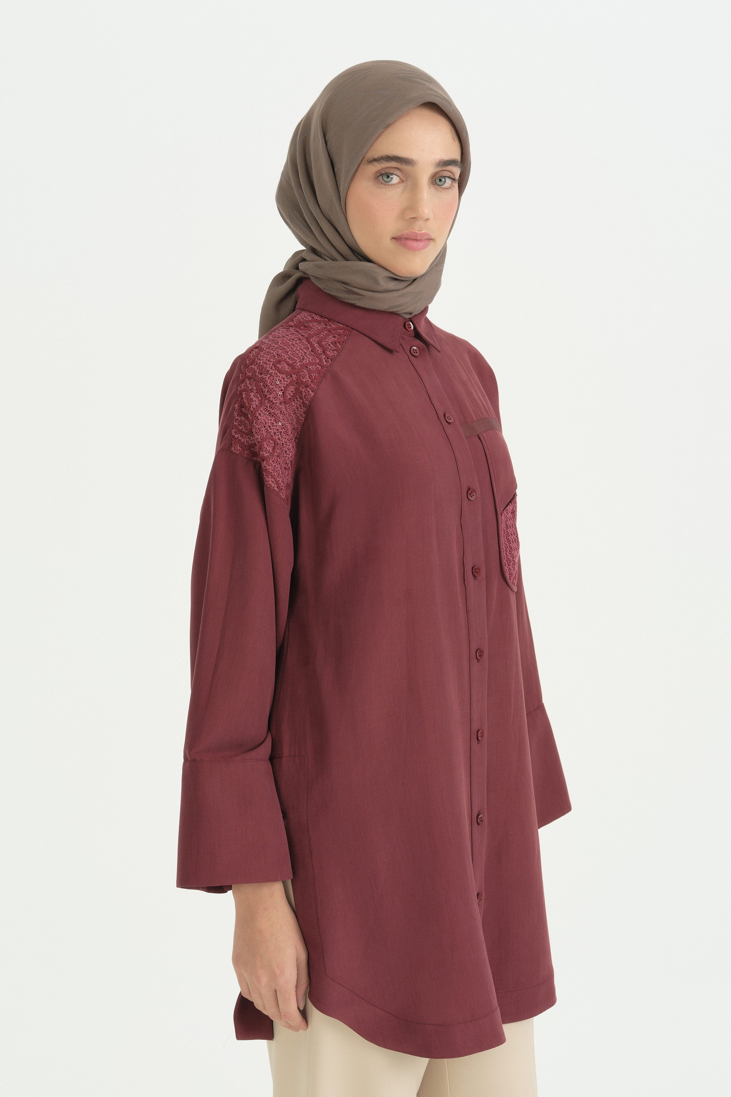 Güpür Detaylı Lyocell Tunik - Bordo