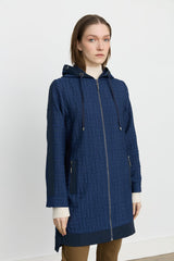 Fine Quilted Hooded Jacket with Accessory Details - Navy Blue