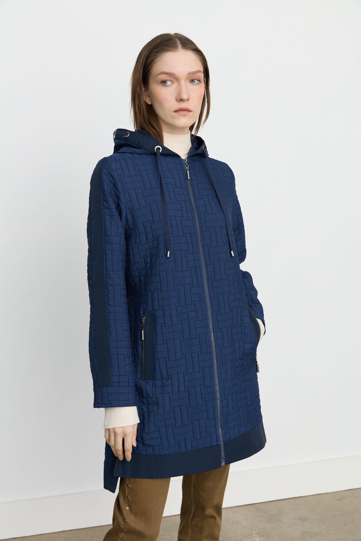 Fine Quilted Hooded Jacket with Accessory Details - Navy Blue