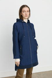 Fine Quilted Hooded Jacket with Accessory Details - Navy Blue