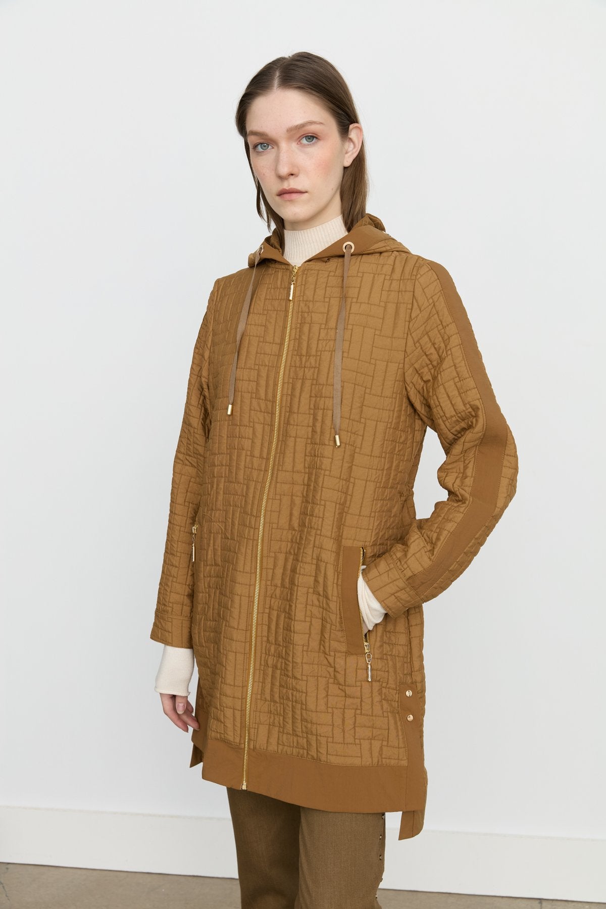 Fine Quilted Hooded Jacket with Accessory Details - Olive