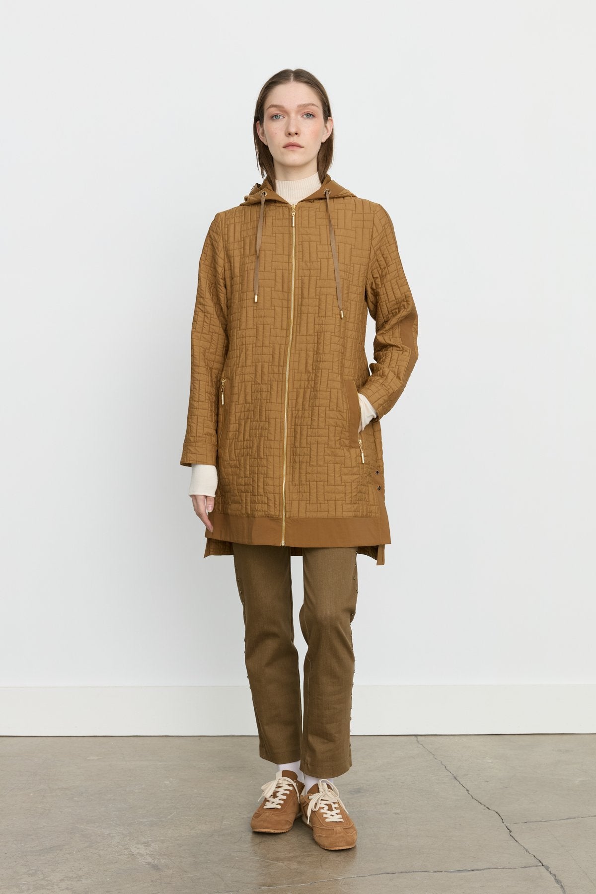 Fine Quilted Hooded Jacket with Accessory Details - Olive