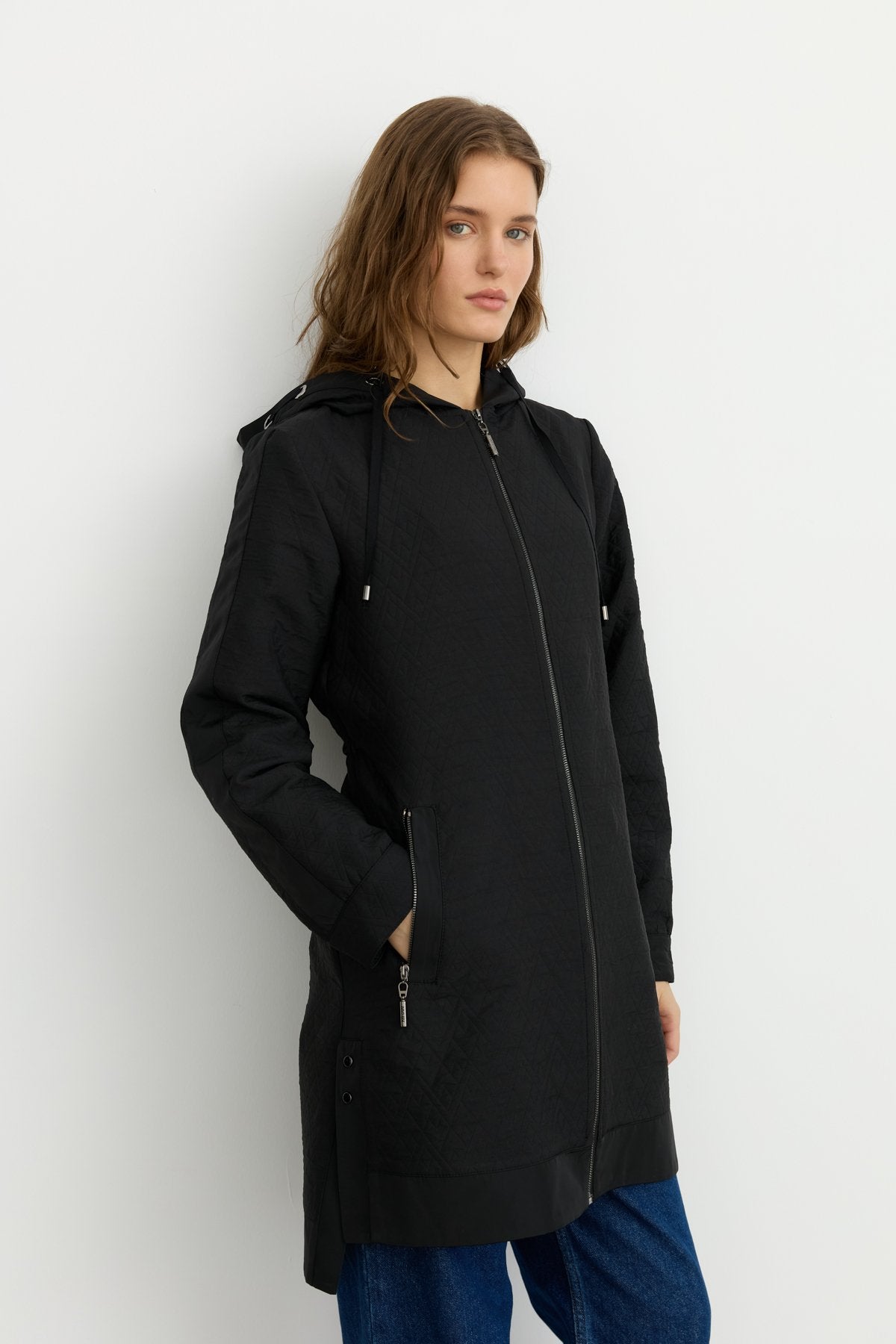 Thin Quilted Hooded Jacket with Accessory Details - Black