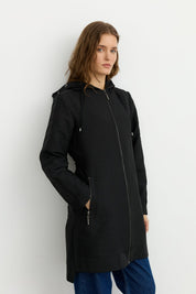 Thin Quilted Hooded Jacket with Accessory Details - Black