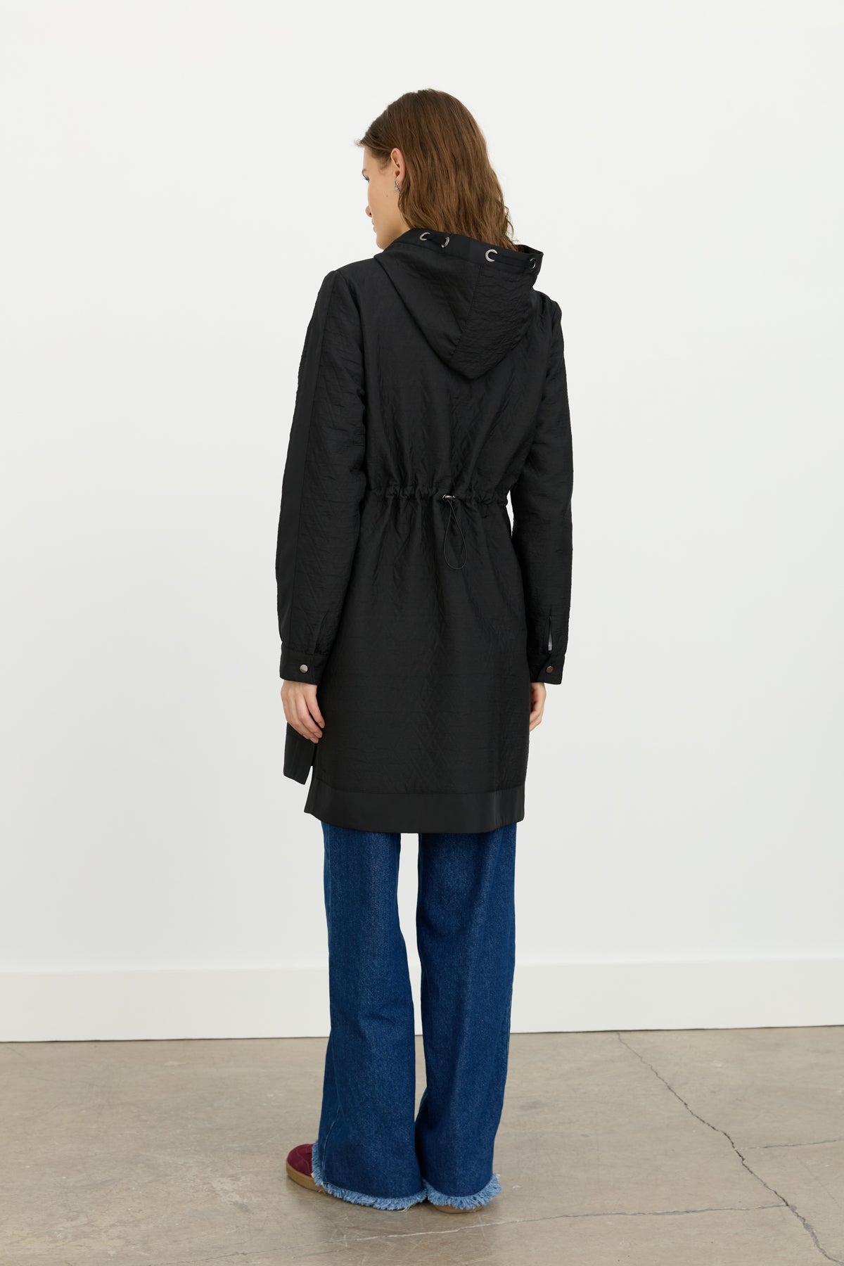 Thin Quilted Hooded Jacket with Accessory Details - Black