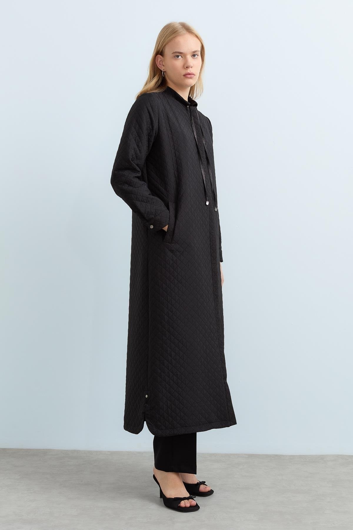 Thin Quilted Trench Coat with Lace Detail - Black