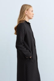Thin Quilted Trench Coat with Lace Detail - Black