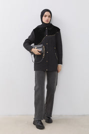 İnce Kapitone Beli Büzgülü Ceket - Siyah