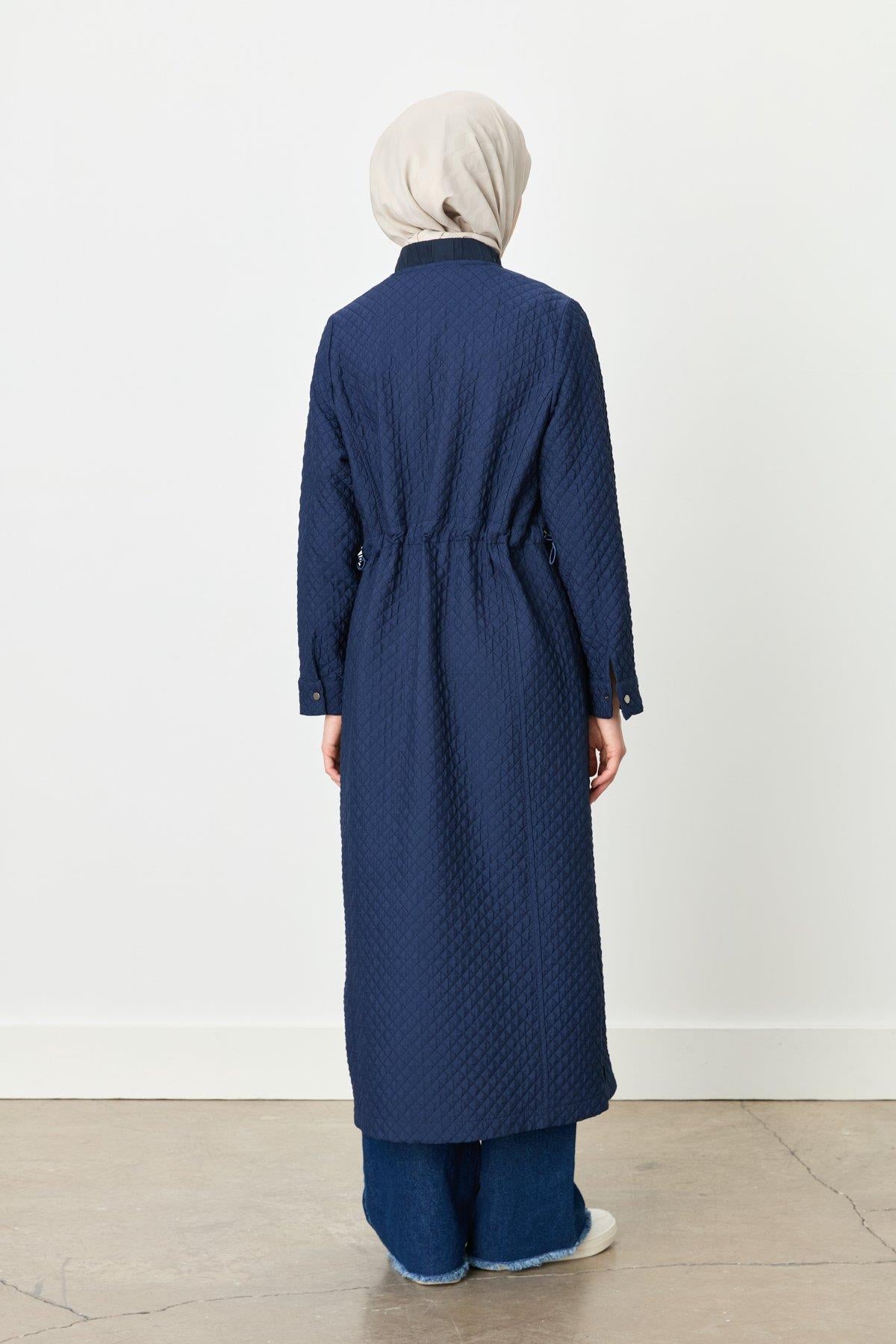 Thin Quilted Jacket with Drawstring Waist - Navy Blue